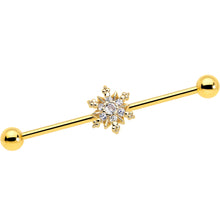 Load image into Gallery viewer, 14G Clear CZ Gem Gold Tone Glam Snowflake Industrial Barbell 38mm