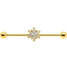 Load image into Gallery viewer, 14G Clear CZ Gem Gold Tone Glam Snowflake Industrial Barbell 38mm