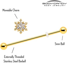 Load image into Gallery viewer, 14G Clear CZ Gem Gold Tone Glam Snowflake Industrial Barbell 38mm