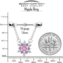 Load image into Gallery viewer, 14G 9/16 Pink CZ Gem Glam Snowflake Chain Dangle Nipple Ring Set
