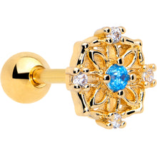 Load image into Gallery viewer, 16G 1/4 Blue CZ Gem Gold Tone Flower Ring Cartilage Tragus Earring