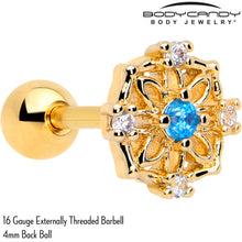 Load image into Gallery viewer, 16G 1/4 Blue CZ Gem Gold Tone Flower Ring Cartilage Tragus Earring
