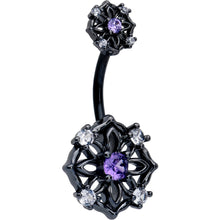 将图片加载到图库查看器,Purple CZ Gem Black Flower Ring Double Mount Belly Ring