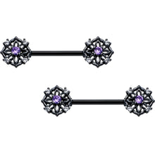 Load image into Gallery viewer, 14G 9/16 Purple CZ Gem Black Flower Ring Barbell Nipple Ring Set
