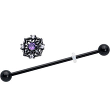 Load image into Gallery viewer, 14G Purple CZ Gem Black Flower Ring Industrial Barbell 38mm