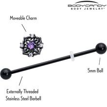 Load image into Gallery viewer, 14G Purple CZ Gem Black Flower Ring Industrial Barbell 38mm