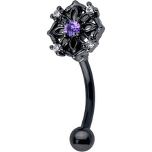 将图片加载到图库查看器,16G 5/16 Purple CZ Gem Black Flower Ring Curved Eyebrow Ring