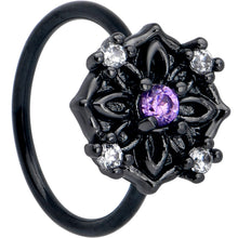 Load image into Gallery viewer, 20G 5/16 Purple CZ Gem Black Flower Ring Nose Hoop