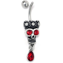 Load image into Gallery viewer, Red Clear CZ Gem Crowned Skull Dangle Belly Ring