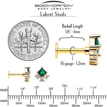 Load image into Gallery viewer, 16G 1/4 Green Clear CZ Gem Gold Tone Rhombus Riot Flatback Stud