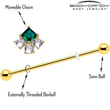 将图片加载到图库查看器,14G Green CZ Gem Gold Tone Rhombus Riot Industrial Barbell 38mm