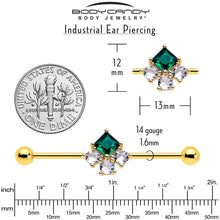 将图片加载到图库查看器,14G Green CZ Gem Gold Tone Rhombus Riot Industrial Barbell 38mm