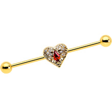 将图片加载到图库查看器,14G Red CZ Gem Gold Tone Heart Queen Industrial Barbell 38mm