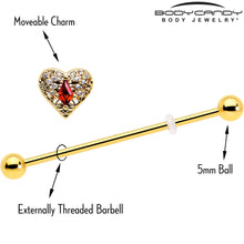 将图片加载到图库查看器,14G Red CZ Gem Gold Tone Heart Queen Industrial Barbell 38mm