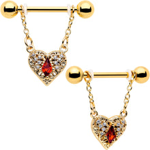 Load image into Gallery viewer, 14G 9/16 Red CZ Gem Gold Tone Heart Queen Dangle Nipple Ring Set