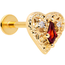 Load image into Gallery viewer, 16G 5/16 Red CZ Gem Gold Tone Heart Queen Flatback Stud