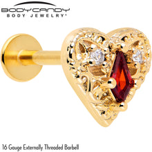 Load image into Gallery viewer, 16G 5/16 Red CZ Gem Gold Tone Heart Queen Flatback Stud