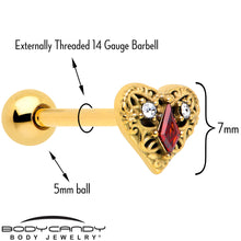 Load image into Gallery viewer, Red CZ Gem Gold Tone Heart Queen Barbell Tongue Ring