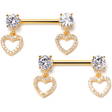 Load image into Gallery viewer, 14G 9/16 Clear CZ Gem Gold Tone Paved Heart Dangle Nipple Ring Set