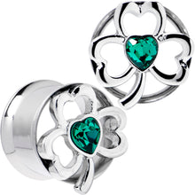 Load image into Gallery viewer, Green Gem Heart Shamrock St Patricks Tunnel Plug Set Sizes 10mm to 16mm