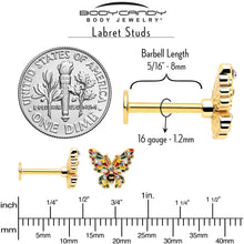 Load image into Gallery viewer, 16G 5/16 Clear Gem Gold Tone Color Block Butterfly Labret Tragus
