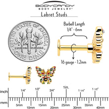 Load image into Gallery viewer, 16G 1/4 Clear Gem Gold Tone Color Block Butterfly Labret