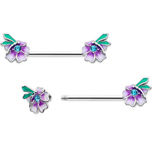 Load image into Gallery viewer, 14G 9/16 Blue Gem Faerie Flower Purple Barbell Nipple Ring Set