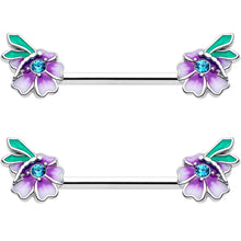 Load image into Gallery viewer, 14G 9/16 Blue Gem Faerie Flower Purple Barbell Nipple Ring Set