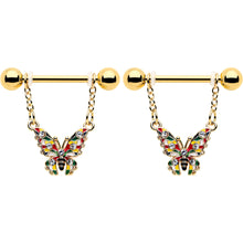 Load image into Gallery viewer, 14G 9/16 Clear Gem Gold Tone Color Block Butterfly Dangle Nipple Ring Set