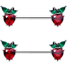 Load image into Gallery viewer, 14G 9/16 Red Green Gem Strawberry Heart Barbell Nipple Ring Set