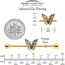 Load image into Gallery viewer, 14G Clear Gem Gold Tone Color Block Butterfly Industrial Barbell 38mm