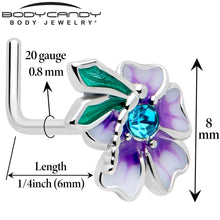 Load image into Gallery viewer, 20G 7mm Blue Gem Faerie Flower Purple L Shape Nose Ring