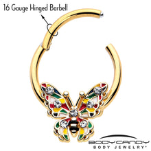 Load image into Gallery viewer, 16G 3/8 Clear Gem Gold Tone Color Block Butterfly Hinged Segment Ring