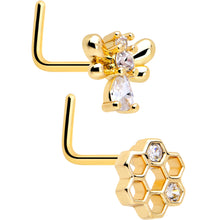 将图片加载到图库查看器,20G 7mm Clear CZ Gem Gold Tone Bee Hive Luv L Shape Nose Ring Set of 2