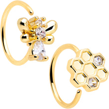 Load image into Gallery viewer, 20G 5/16 Clear CZ Gem Gold Tone Bee Hive Luv Nose Hoop Set of 2