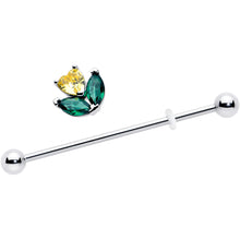 Load image into Gallery viewer, 14G Yellow Green CZ Gem Love Flower Industrial Barbell 38mm