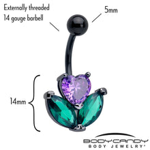 Load image into Gallery viewer, Purple Green CZ Gem Black Love Flower Belly Ring