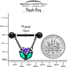 Load image into Gallery viewer, 14G 9/16 Purple CZ Gem Black Love Flower Dangle Nipple Ring Set