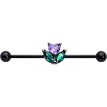 Load image into Gallery viewer, 14G Purple Green CZ Gem Black Love Flower Industrial Barbell 38mm