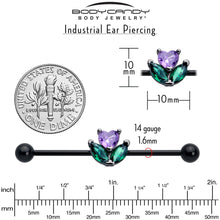 Load image into Gallery viewer, 14G Purple Green CZ Gem Black Love Flower Industrial Barbell 38mm