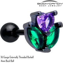Load image into Gallery viewer, 16G 1/4 Purple Green CZ Gem Black Love Flower Cartilage Earring