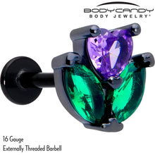 Load image into Gallery viewer, 16G 5/16 Purple Green CZ Gem Black Love Flower Labret Monroe Tragus