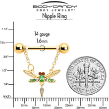Load image into Gallery viewer, 14G 9/16 Green Gem Gold Tone Swank Dragonfly Dangle Nipple Ring Set