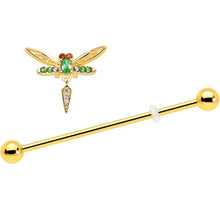 Load image into Gallery viewer, 14G Green Gem Gold Tone Swank Dragonfly Dangle Industrial Barbell 38mm