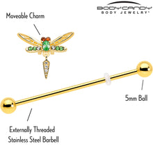 Load image into Gallery viewer, 14G Green Gem Gold Tone Swank Dragonfly Dangle Industrial Barbell 38mm