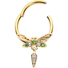 Load image into Gallery viewer, 16G 3/8 Green Gem Gold Tone Swank Dragonfly Dangle Hinged Segment Ring