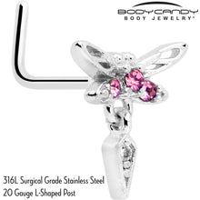 Load image into Gallery viewer, 20G 7mm Pink Gem Swank Dragonfly Dangle L Shape Nose Ring