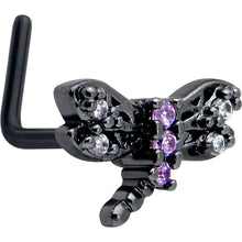 Load image into Gallery viewer, 20G 7mm Purple CZ Gem Black Night Dragonfly L Shape Nose Ring