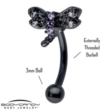 Load image into Gallery viewer, 16G 5/16 Purple CZ Gem Black Night Dragonfly Curved Eyebrow Ring