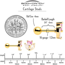 Load image into Gallery viewer, 16G 1/4 Pink CZ Gem Gold Tone Love Flower Cartilage Tragus Earring